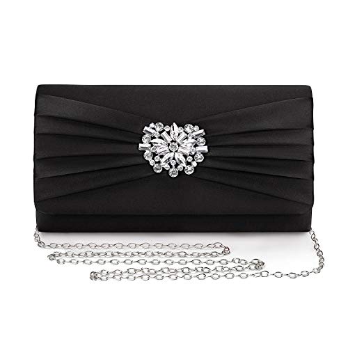 Image of Evening Bags For Women Pleated Satin Rhinestone Brooch Prom Clutch Purse With Detachable Chain Strap