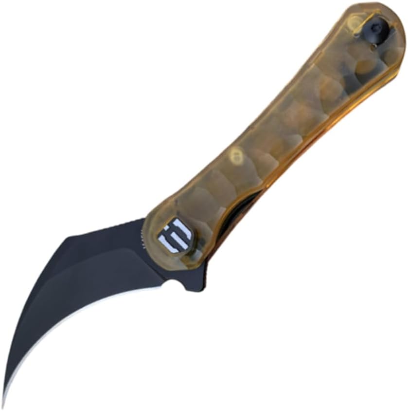 SHIELDON Scythe 2.55" Titanium Coating 154CM Steel Hawkbill Point Blade with Amber PEI Handle and Reversible Wire Clip