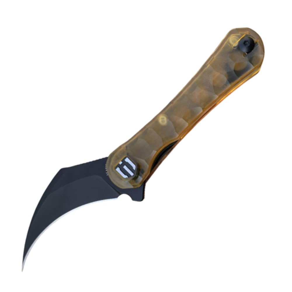 SHIELDON Scythe 2.55" Titanium Coating 154CM Steel Hawkbill Point Blade with Amber PEI Handle and Reversible Wire Clip