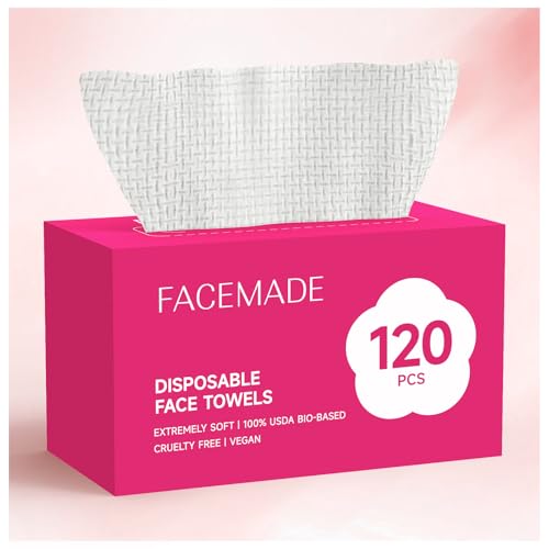 FACEMADE 120 Count Disposable Face Towels, 100% USDA Biobased Face Towelettes Disposable, Clean Facial Towels for Makeup and Clean Skin, Super Soft and Thick Dry Wipes Club
