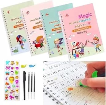AMP CREATIONS Magic Practice Copybook, Magic Reusable Practice Copybook for Kids, Magic Reusable Practice Copybook,Practice Copybook for Age 3-5 Calligraphy Simple Hand Lettering (Exercise Book Four Sets)