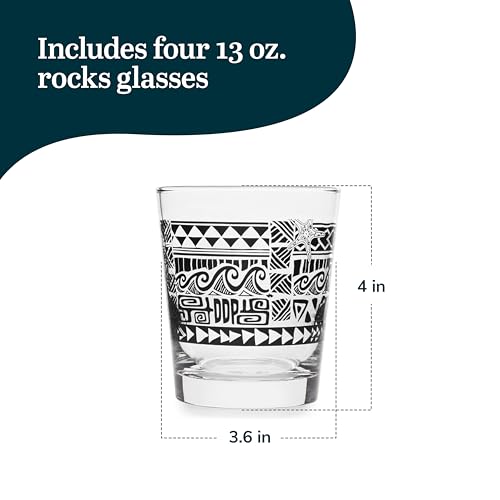 Libbey Tiki Rocks Glasses Set, Vintage-style Glassware Drinking Glasses Set of 4, Exotic, Dishwasher Safe Glasses for Backyard Luau or Pool Party