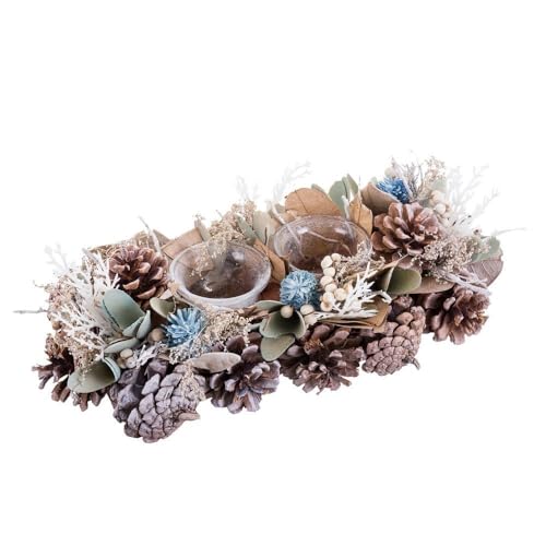 Centro de Mesa de Navidad con 2 portavelas y piñas Color Blanco y Azul de 30x15x9 cm