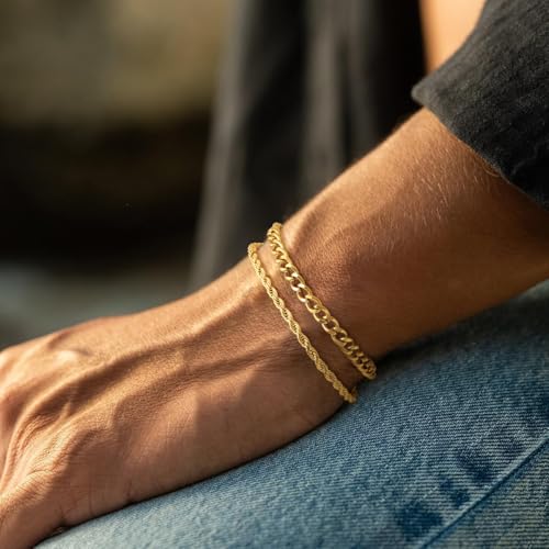 Mens Bracelet, 14K Gold Plated/Streling Silver Bracelets for Men Layered Cuban Rope Chain Bracelets 3mm/5mm Dainty Bracelets for Mens 6.5-9 Inches Gold/Silver Jewelry for Men Gifts2