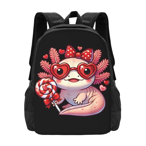 Lollipop Bow Axolotls Backpack Large Capacity Backpacks Leisure Travel Daypack 12.5X5.5X16.5 inch