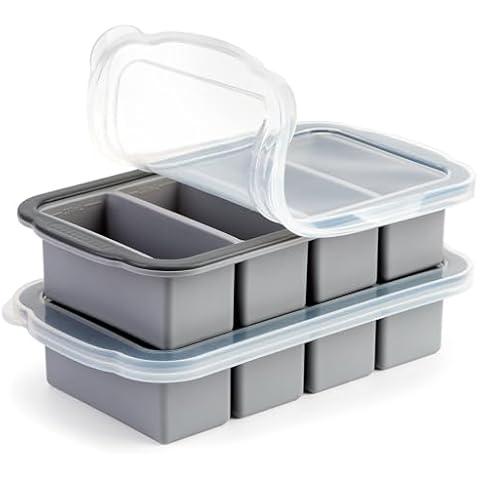 1 Cup Extra Large Silicone Cube Freezing Trays with Silicone lid for soup,broth,sauce or butter, Silicone Freezer Container Molds Soup Trays -makes four great portions 1cup Cube(2 PACK, Grey) Cover