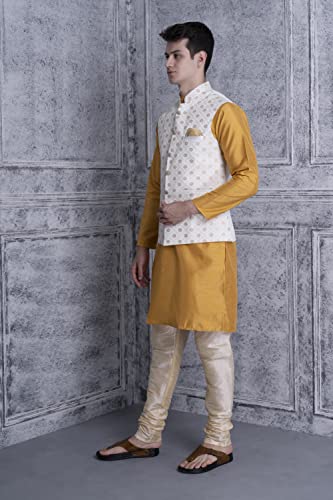 Image of Uri and MacKenzie Men's Silk Blend Regular Kurta Churidar Pyjama with Bundi Nehru Jacket /Waistcoat