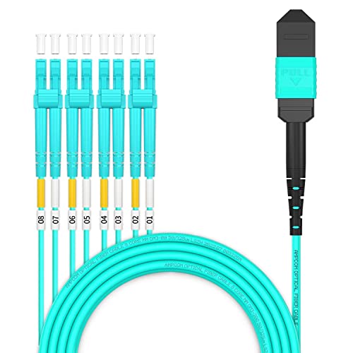 AMPCOM MPO to LC Breakout Cable 50/125μm Multimode OM3-300(8 Fiber, MPO to LC, Type B, LSZH/Riser, UPC, Aqua) 15m (49ft)