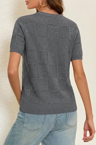 Image of Cakulo Women's Short Sleeve Summer Sweater Knit Tops | Checkered Pattern, Crew Neck, Lightweight Knit, Pullover Sweaters, Business Casual Work Tops Basic Clothes