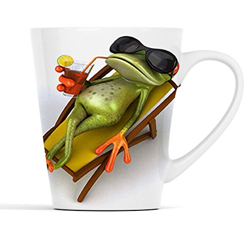 3D Frosch mit Cocktail im Liegestuhl |Latte Macchiato Becher Kaffeebecher mit Fotodruck |015