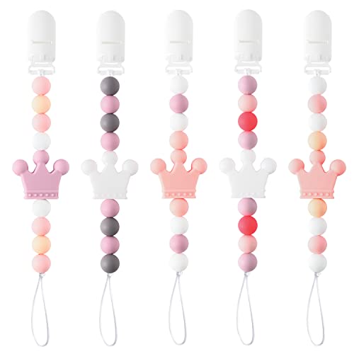 Image of QIMGIC 5pcs Crown Pacifier Clip, Cute Pacifier Holder for Girls, Soothie Toy with Clips for Baby Shower Birthday Christmas New Year Keepsake Gift