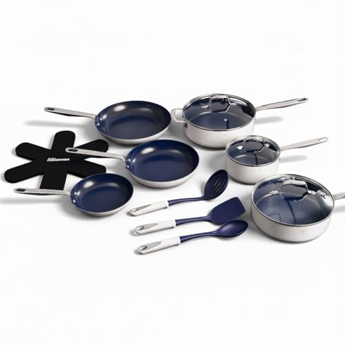 Guy Fieri's Flavortown 15-Piece Ceramic Cookware Set, Nonstick Pots and Pans for Cooking, Induction Compatible (Blue & White, 15-Piece, Induction-compatible)
