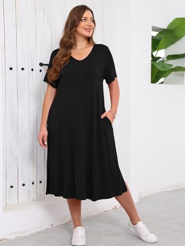 BELAROI Women Plus Size Dresses Summer Casual Flowy Midi Long Tshirt Dress V Neck Sundress Beach Cover Ups Pockets4