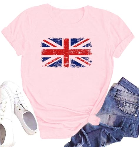 SUWATOIN Womens London England Shirt Union Jack Flag Souvenir Printed T-Shirt Tops Pink
