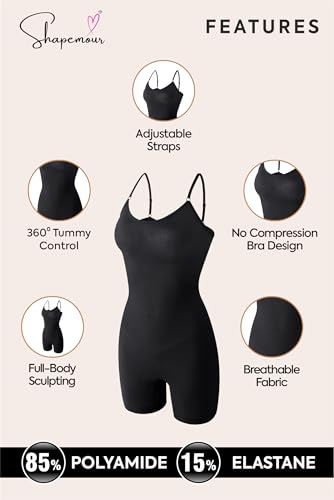 Image of SHAPEMOUR Mid Thigh Bodysuit Bodyshaper, Sculpting Design Shapewear for Women, Body Shaper with Silicone Grip, No Steel Bones for All Day Comfort, Smooth and Seamless Fit