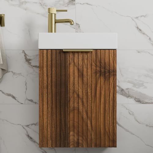 BAYSTONE Fluted 400mm Bathroom Vanity Unit White Ceramic Basin Sink, Cloakroom Storage Furniture Cabinet Wall Hung Cupboard Soft Close, Brushed Brass Handle, Walnut