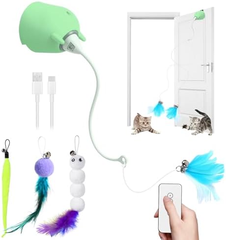 Cat Toys Interactive for Indoor Cats, Rechargeable Toy Hanging Door Electric with 4pcs Feathers Toys for Bored Kittens (Green)