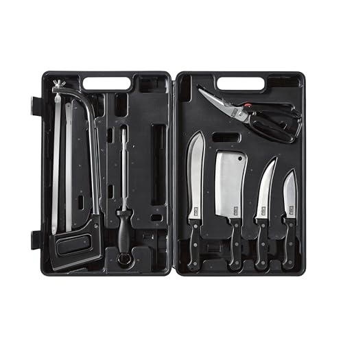 Weston 10-Piece Game Processing Knife Kit, 8" Butcher, 6" Cleaver, 5.3" Fillet, and 4.2" Skinning Knives, Adjustable 12.25" Butcher Saw, Sharpener, Shears & Storage Case, Stainless Steel (83-7001-W)