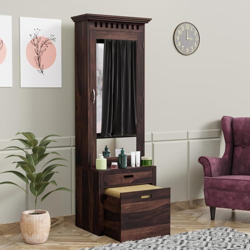 Image of Sheesham Solid Wood Wooden Dressing Table for Bedroom with 1 Drawer and 1Cushioned Stool Mirror and Huge Storage Space | Long Dresser Table (Walnut Finish)