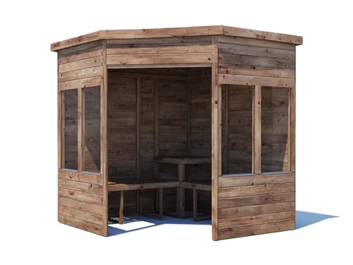 Dunster House Corner Arbour W2.1m x D2.1m / W7' x D7, 4mm Toughened Glazed Panels, 15mm Tongue and Groove, Pressure Treated Timber, Bench Seat, Integrated Corner Table, Superfelt Included
