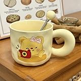 Tazas Térmicas Para Café con Leche, Tazas Para el Desayuno, Taza Estilo Kawaii con Asa, Ideal Para Bebidas Frías y Calientes, Perfecta Para Viajar(Red)