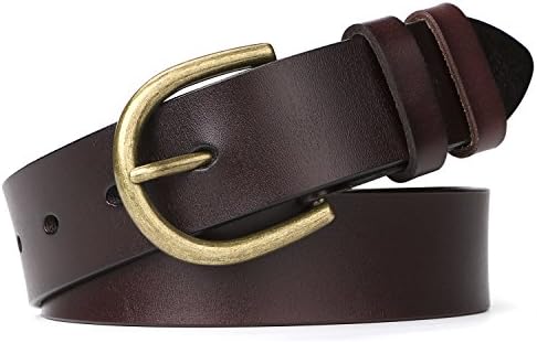 WHIPPY Leather Belt for Women Vintage Waist Belt with Bronze Alloy Buckle (Suit Pant Size 28-34 Inches,Dark Brown and Brass Buckle)