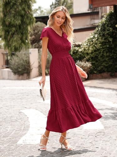 Image of PRETTYGARDEN Womens Dresses 2026 Summer Maxi Dress Boho Short Sleeve V Neck Swiss Dot Ruffle Tiered Smocked Flowy Long Dress
