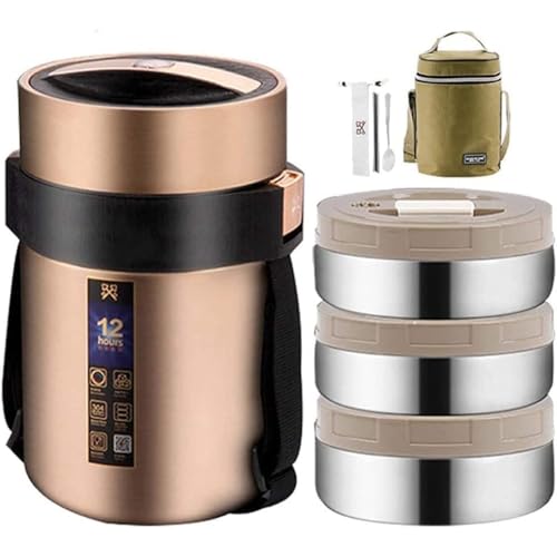 Joxoilso ランチジャー 保温弁当箱 2段 /3段/4段 真空304 大容量 ステンレス 保温ランチジャー フードジャー ポータブルお弁当箱 食器と収納バッグ付き ランチボックス フードコンテナ 12時間の保温 (ゴールデン,2.2L)