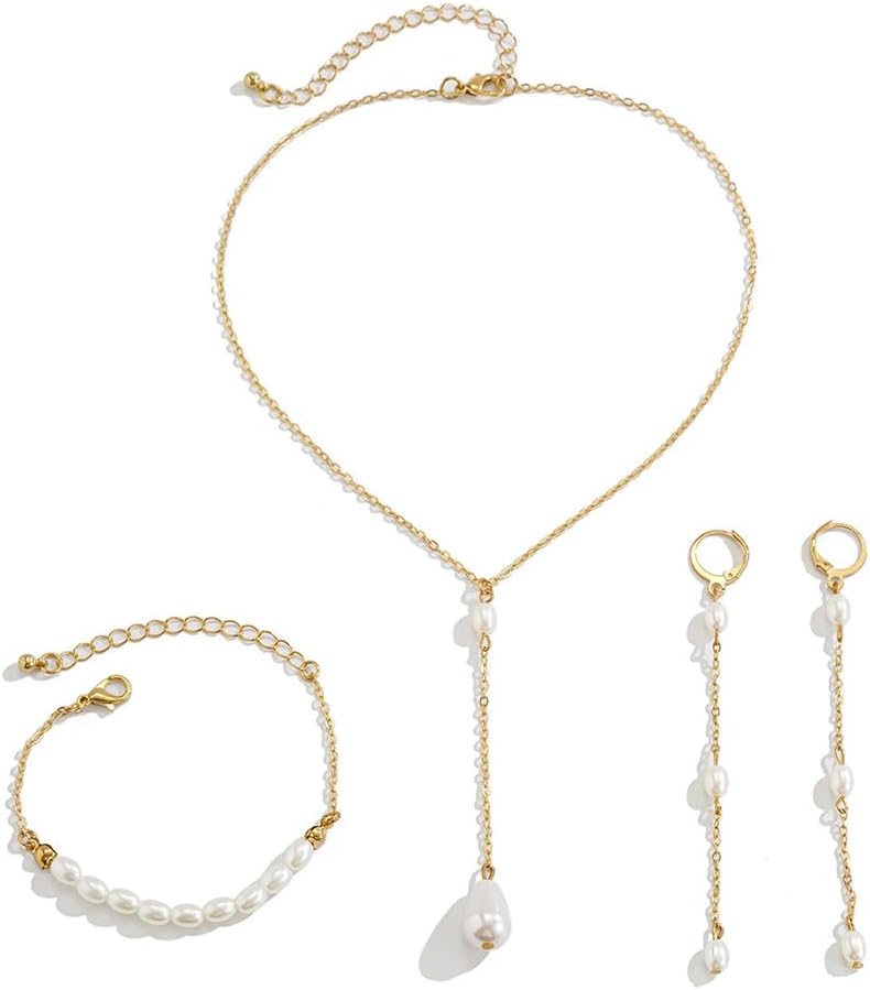 Bridal Necklace Earrings and Bracelets Set Artificial Pearl Jewelry Set 14K Gold Plated Pearls Jewelry for Women Wedding Bridal Jewelry