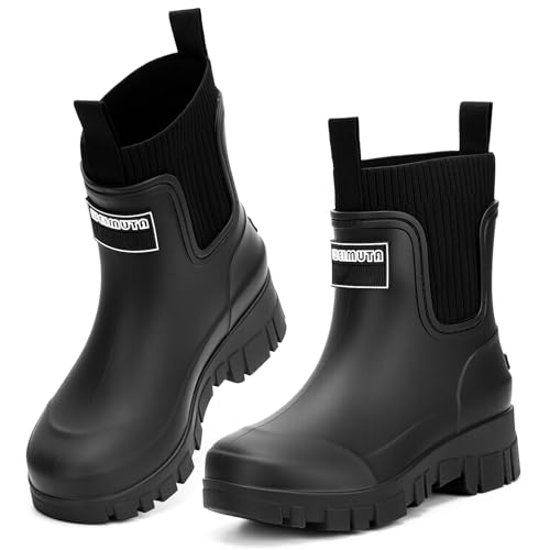 FOGOIN Women Chelsea Rain Boots Mid-Calf Waterproof Lightweight Non-Slip Garden Booties Warm Lined Comfortable Slip On
