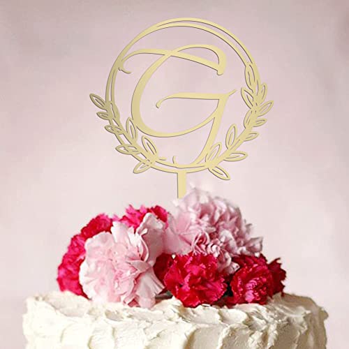 Vinisong Personalized Initial Letter G Golden Cake Topper Wooden Cake Decoration Wreath Cake Topper Perfect For Birthday Rustic Wedding Anniversary Keepsake Party Decoration #TOP3