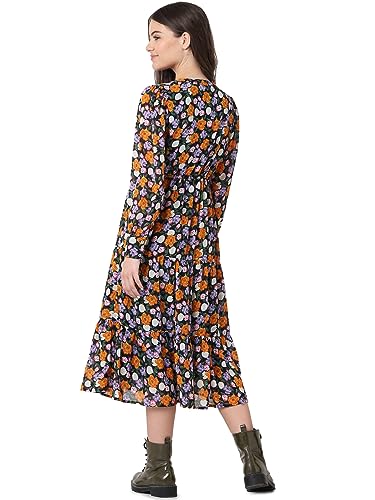 Image of ONLY Floral Printed Cuffed Sleeves Tiered Midi A-Line Dress