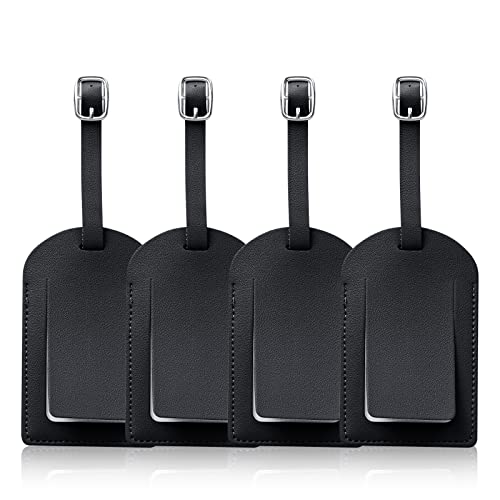 4Pcs Leather Luggage Tags Suitcase Tags Name ID Card Suitable for Both Male and Female Travel Accessories Checked Luggage Hand Luggage (4Pcs Black)