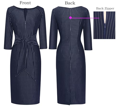 Image of VFSHOW Womens Front Zipper Tie Waist Bow 3 /4 Sleeve Slim Fitted Work Business Office Party Bodycon Pencil Sheath Dress