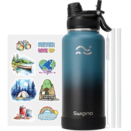 Image of Swigina [2-IN-1 LID] Insulated Water Bottle with Silicone Boot (36hrs Cold /18hrs Hot) - DIY Stickers, Leakproof, BPA Free, 32 oz