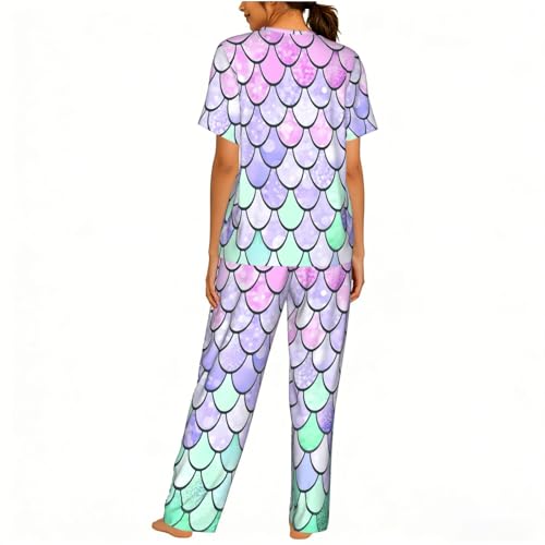 Pyjama léger manches courtes femme imprimé sirène original ensemble doux short - 2
