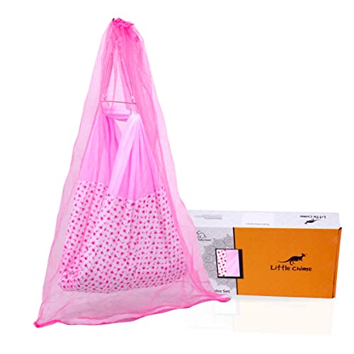 Image of Little Chime New Born Baby Swing Cradle (Jhula) | Cradle Set with Mosquito Net and Triangle Hanger | Weight Capacity Up to 20Kg | Age from 0-24 Months | Evania Ventilated Cradle(Pink) - Cotton