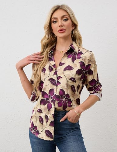 Wrinkle-Resistant Women Silky Button Down Shirts 2025 Fashion Printed Long Sleeve Blouse Dressy Casual Tops2