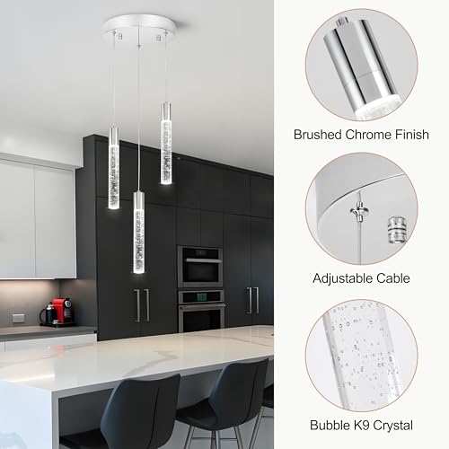 Image of 3 Light Pendant Light,LED Bubble Crystal Pendant with Dimmable,Chrome
