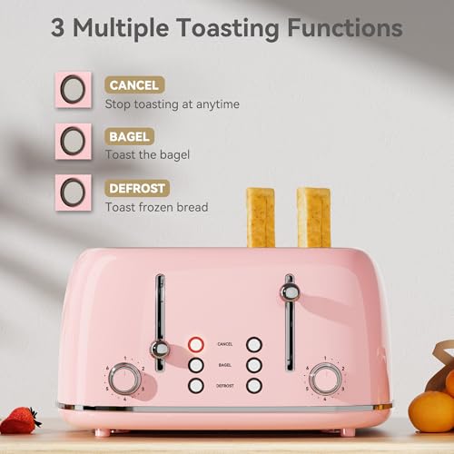 Toaster 4 Slice, Retro Stainless with 6 Bread Shade Settings,1.5''Wide Slots Toaster with Cancel/Defrost/Reheat Functions,Dual Independent Control Panel, Removal Crumb Tray (Pink) by KITCHMIX - Image 3