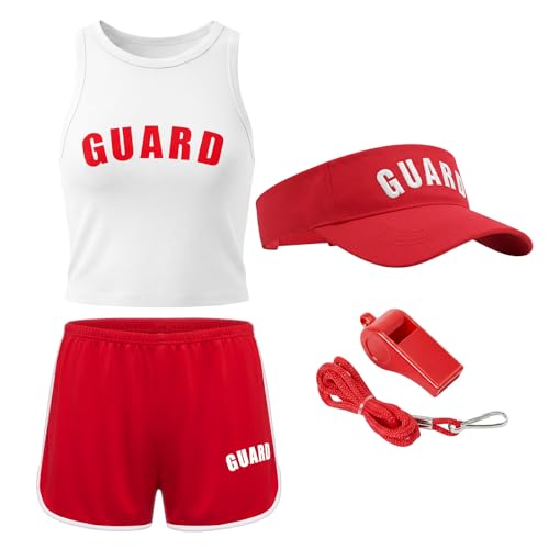 Seematn 4 Pcs Womens Red Guard Costume Set. Tank & Shorts Sun Visor & Whistle. Gym Outfits for Training Beach Cosplay (XL)