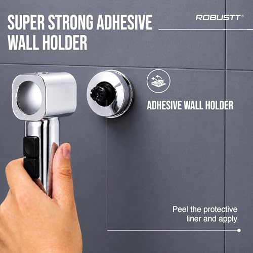 Image of Robustt Health Faucet for Toilet with Adhesive Wall Mount Holder | 2 Flow Modes | Jet Spray for Toilet with Stream & Rain Settings, Button Control, Chrome Finish Bathroom Faucet (Without Hose)