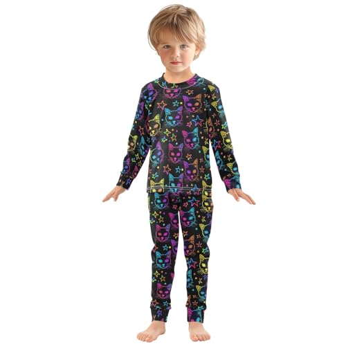 Neon Cartoon Cats Stars Cute Pajama Sets Long Sleeve Top and Pants, Snug Fit Sleepwear for Night Wears3