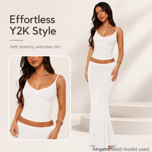 Image of Two Piece Skirt Set for Women - Sexy Sleeveless Spaghetti Strap Pleated Tank Top Maxi Long Skirts Sets