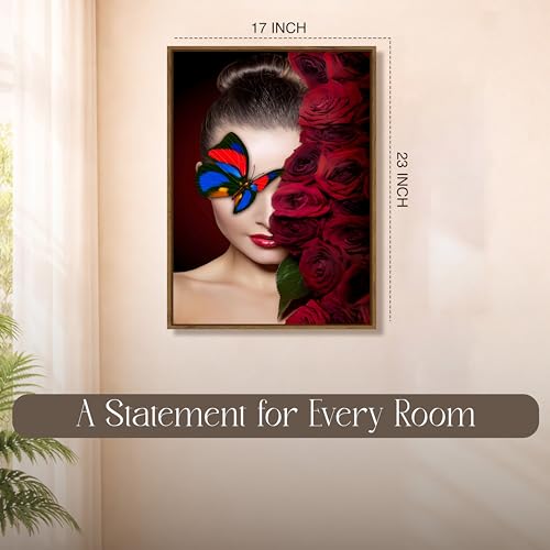 Image of Modern Rose Butterfly Woman Framed Canvas Painting For Living Room | Glamour Floral Wall Art For Livingroom Wall Decor, Home Decor, Bedroom, Hallway's, Office, Hotel - 43x58 cm