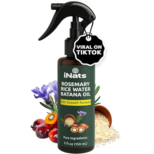 iNats Rosemary Water Spray for Hair Growth w/Rice Water, Biotin, Batana & Peppermint Oil – Non-Sticky Organic Hair Growth Spray to Control Hair fall & Strengthen Strands - For Men & Women – 5 fl oz