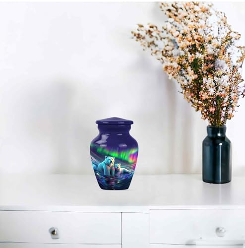 Image of Northern Lights Polar Bear Urn for Adult Ashes Male & Female - Large & Keepsake Memorial Urns for Human Ashes - Elegant Aurora Borealis Themed Burial Urns - Decorative Urn (1 Large 4 Keepsake)