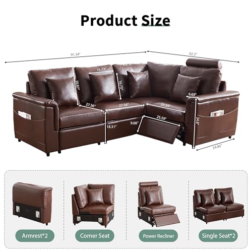 Image of RARZOE Faux Leather Sectional Sofa with Power Recliner, L Shaped PU Leather Reclining Couch with Headrest, 4 Seater Oversized Modular Reclining Couches for Living Room, Brown