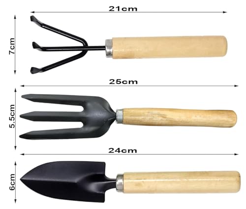 Image of GLUN Gardening Hand Tools, Wooden Handle with 3 Different Tools Metal Hand Cultivator, Transplanter and Hand Fork for Home Gardening