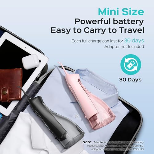 Image of COSLUS ADA Accepted Water Dental Flosser Teeth Pick C20: Portable Cordless Oral Irrigator 300ML Rechargeable Travel Irrigation Cleaner IPX7 Waterproof Electric Flossing Machine, Double Set Black&Pink